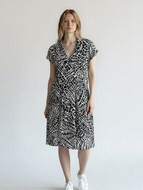 Vintage Dress Size 12 Black White Animal Print Sleeveless Collared Bamboo Blend